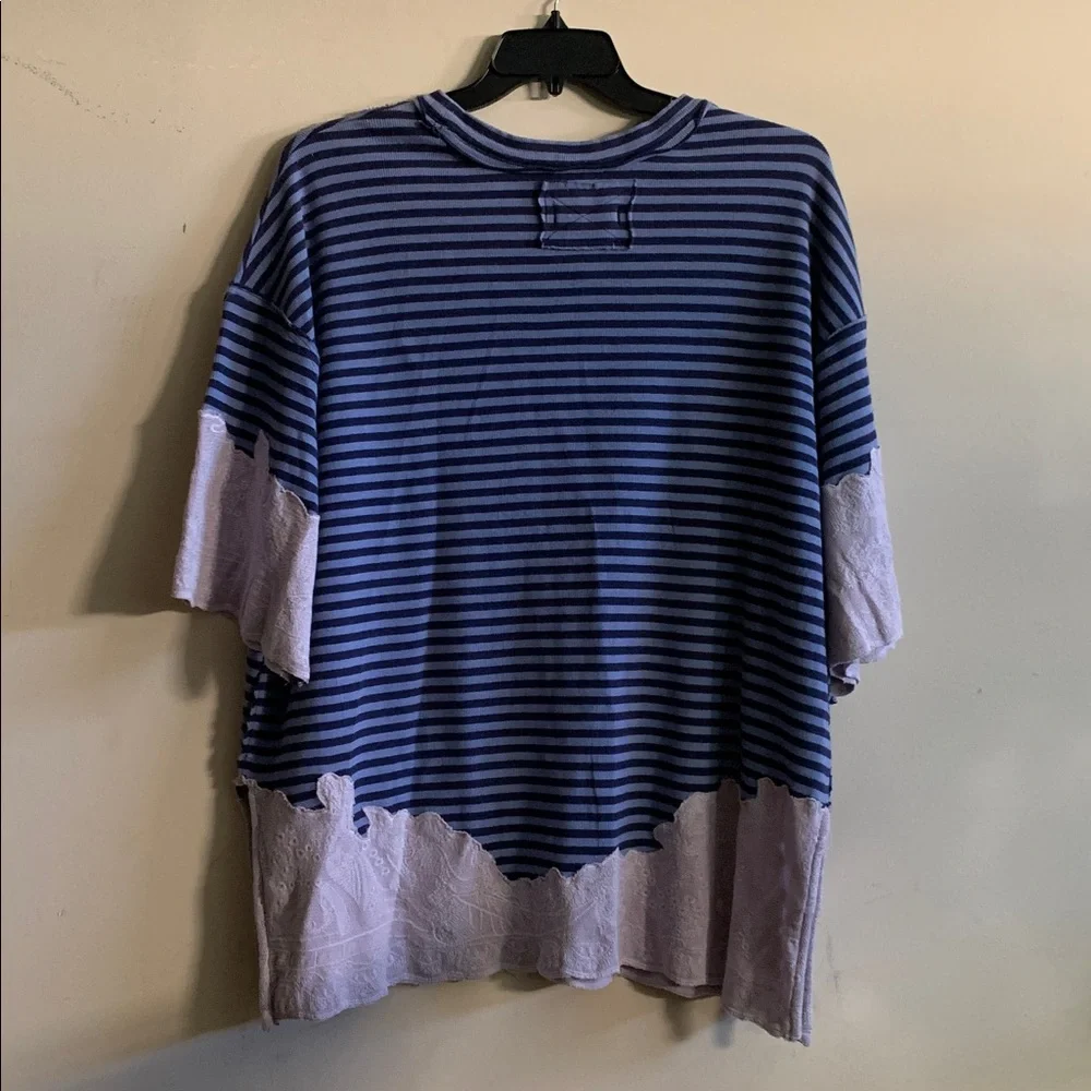 FREE PEOPLE Oversized Striped Lace Top NWT Navy Blue Periwinkle Lavender